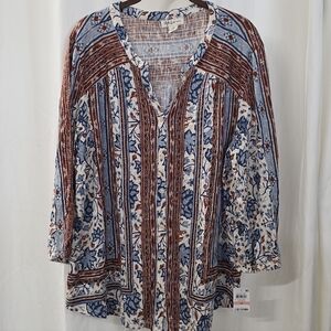 Style Co 2X Floral Batik Button From 3/4 Sleeve Knit Tunic Top Blouse Blue Boho